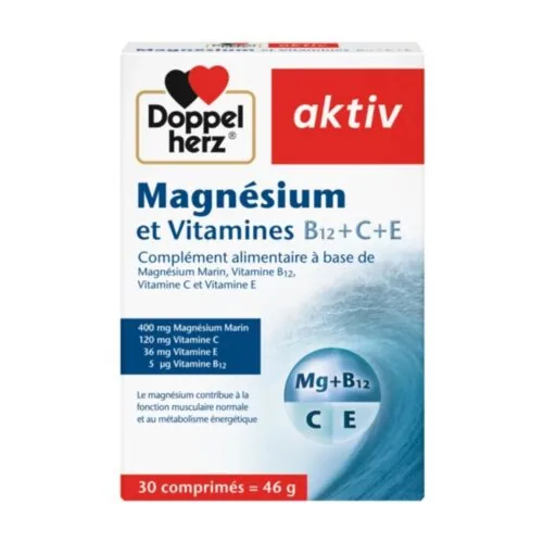DOPPEL HERZ Aktiv Magnesium et Vitamines B12+C+E 30 Comprimes