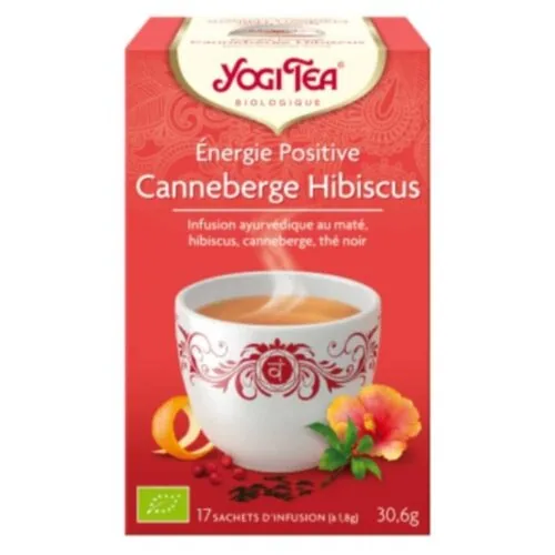 YOGI TEA Energie Positive Cranberry Hibiscus Infusion Ayurvedique Mate, Hibiscus, Canneberge et The Noir Sachets Bio 17u