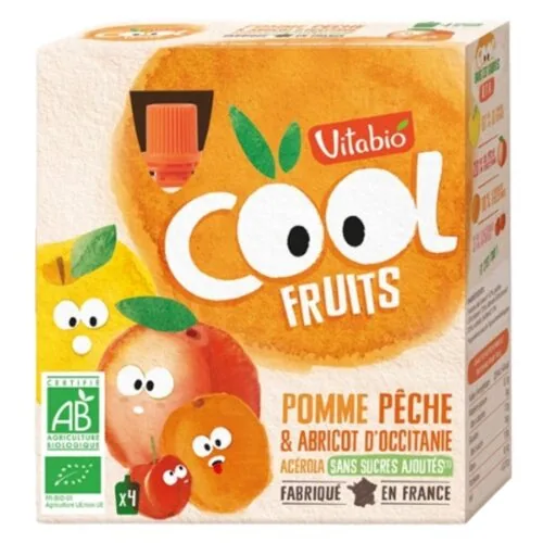 VITABIO Cool Fruits Pomme, Peche, Abricot D’occitanie et Acerola Bio 4x 90g