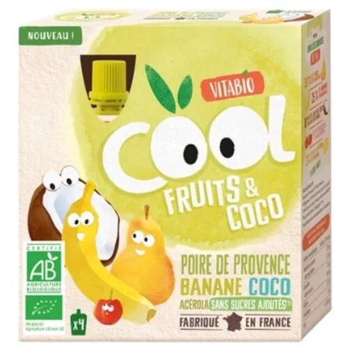 VITABIO Cool Fruits et Coco Poire de Provence, Banane, Coco et Acerola Bio 4x 90g