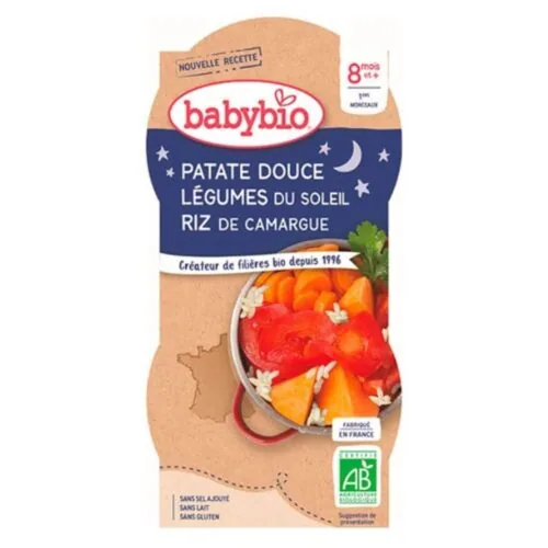 BABYBIO Repas Bonne Nuit Patate Douce, Legumes du Soleil et Riz de Camargue 8mois+ Bio 2x 200g