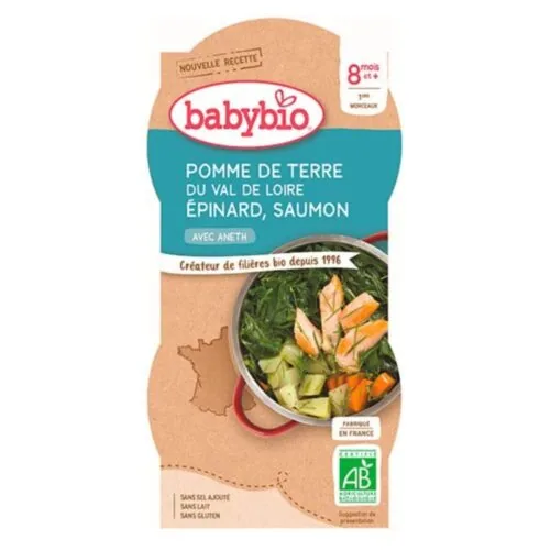 BABYBIO Repas Bonne Nuit Pomme de Terre, Epinard et Saumon 8mois+ Bio 2x 200g