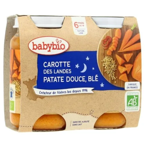 BABYBIO Pots Bonne Nuit Carotte, Patate Douce et Ble 6mois+ Bio 2x 200g