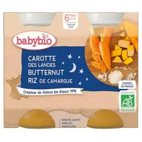 BABYBIO Pots Bonne Nuit Carotte, Butternut et Riz 6mois+ Bio 2x 200g