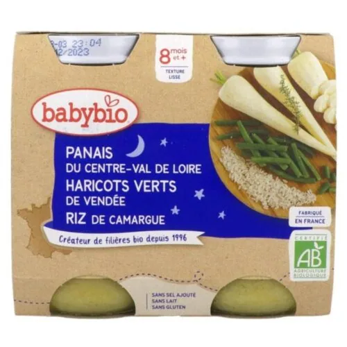 BABYBIO Pots Bonne Nuit Panais, Haricots Verts et Riz 8mois+ Bio 2x 200g