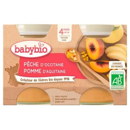 BABYBIO Pots de Peche et Pomme 4mois+ Bio 2x 130g