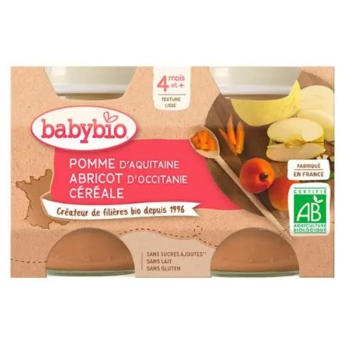 BABYBIO Pots de Pomme, Abricot et Cereale 4mois+ Bio 2x 130g