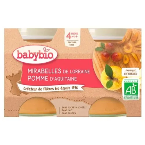 BABYBIO Pots de Mirabelles et Pomme 4mois+ Bio 2x 130g