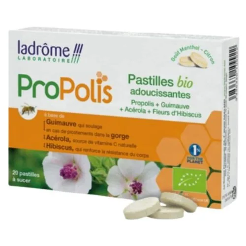 LADROME Propolis Adoucissant Guimauve, Acerola et Fleurs D’hibiscus Bio 20 Pastilles