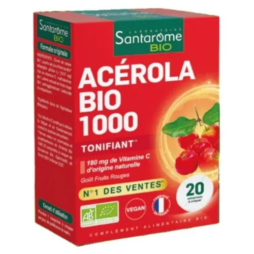 SANTAROME Bio Acerola 1000 Tonifiant 180mg de Vitamine C Gout Fruits Rouges 20 Comprimes