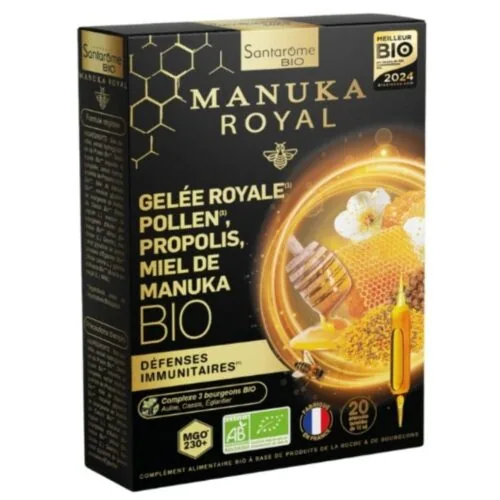 SANTAROME Bio Manuka Royal Gelee Royale, Pollen, Propolis et Miel de Manuka Defenses Immunitaires Ampoules 20u
