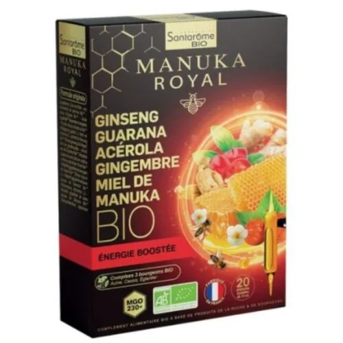 SANTAROME Bio Manuka Royal Ginseng, Guarana, Acerola, Gingembre et Miel de Manuka Energie Boostee Ampoules 20u