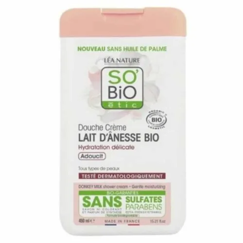 SO BIO Douche-Creme Lait D’anesse Hydratation Delicate Adoucit Tous Types de Peaux Bio 450ml