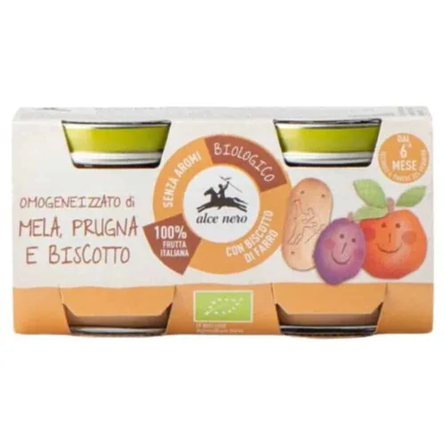 ALCE NERO Pots de Pomme, Prune et Biscuit 6mois+ Bio 2x 80g