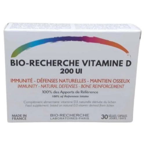 BIO-RECHERCHE Vitamine D 200 Ui Immunite, Defenses Naturelles et Maintien Osseux 30 Gelules