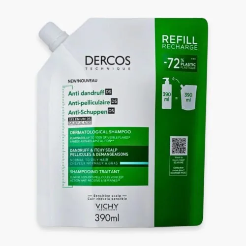 VICHY Dercos DS Shampoing Traitant Anti-Pelliculaire Cheveux Normaux a Gras Eco-Recharge 390ml